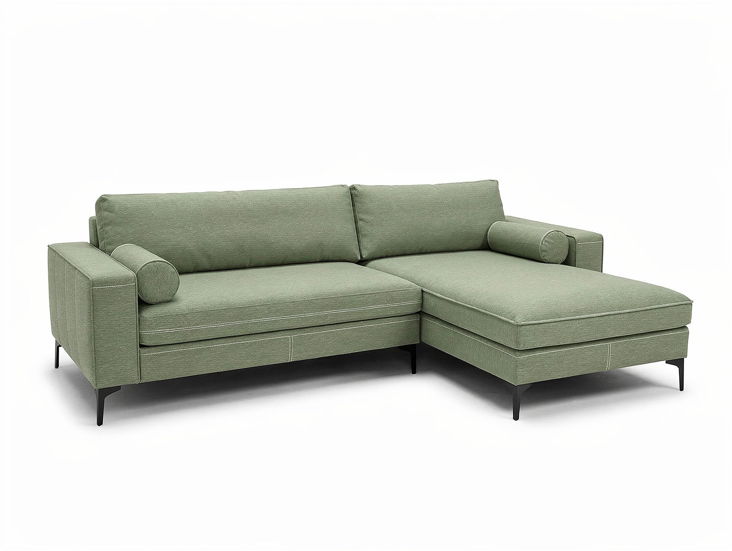 **Technische titel in het Nederlands: Moderne groene bank met chaise longue en zwarte poten**