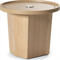 **Technische titel in het Nederlands: Moderne houten bijzettafel met ronde top**