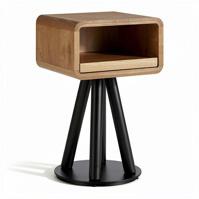 **Technische Titel in het Nederlands: "Moderne Nachttafel met Houten Lade en Stalen Poot"**